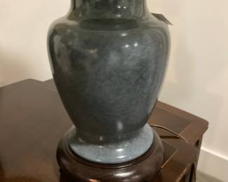 M236 pair of glazed slate blue lamps (shades do not match) with wood base $45