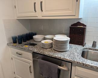 Full set of white dishes with extra pieces, 10 piece glassware set, 4 steak knives, ceramic bowls, vintage primitive spice rack