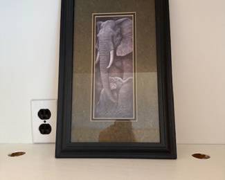 Cute Framed and Matted Mother and Baby Elephant picture - would be adorable in a child's room or nursery. 