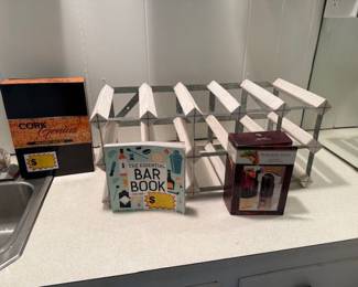 Wine rack, various wine and bar related items 