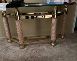 1970 glass and brass sofa table . 
Ornate 