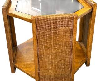 Midcentury Wood Wicker Side Table