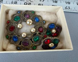 Multi Stone Brooch and Clip Earrings $12.00