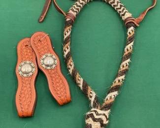 584 Braided horse hair bosal with leather headstall and leather rein ends