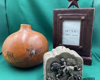 828  Hand painted and signed gourd with western candle and picture framebox 