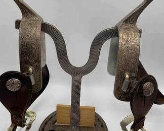 61  Vintage Les Garcia Reno engraved sterling silver spurs 