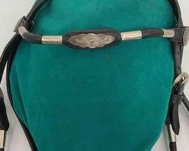 523 Black leather browband head stall and reins with ferrule accents