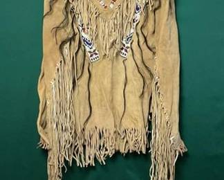 784  Vintage suede fringe and beaded jacket with Feathered Indian style headdressregalia piece 