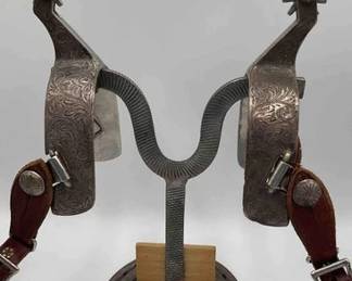 58  Vintage engraved sterling silver spurs with spur straps 