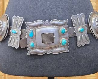 30  Handmade Native American Hand Stamped Sterling Concho Belt with Turquoise Stones, 596g 