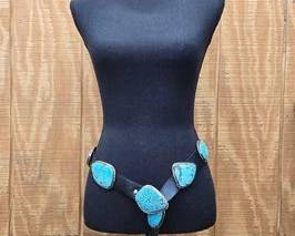 28  Native American Handmade Sterling Silver Concho Belt with Varied Turquoise Cabochons, 344g 