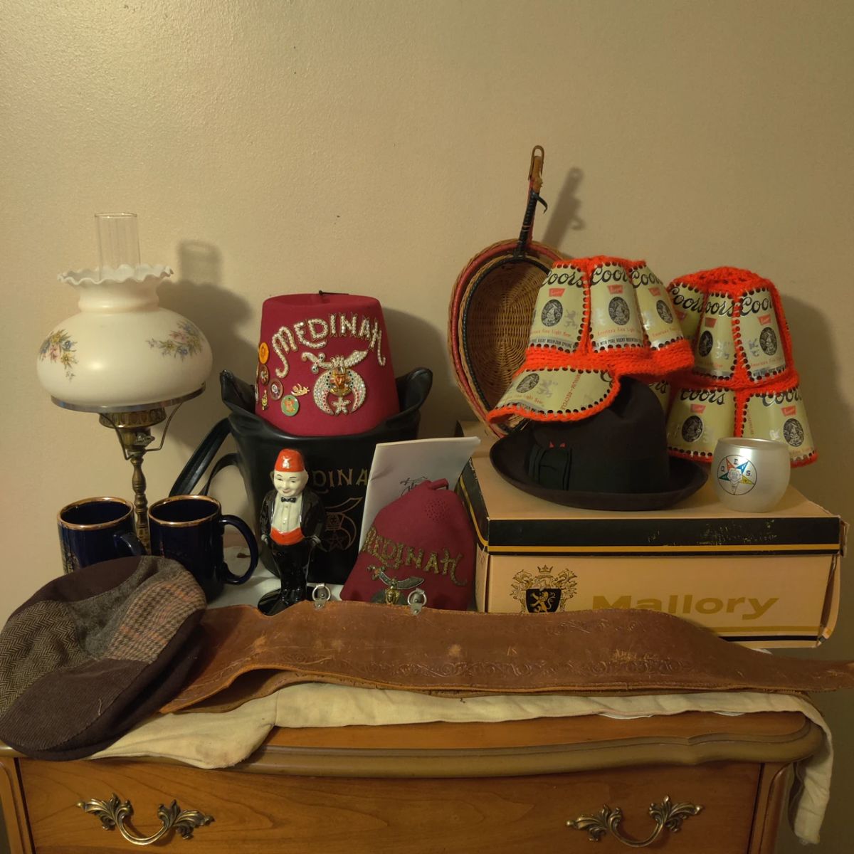 Shriners hats and donation baskets, coors can hats from the mid 1970s