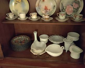 vintage milk glass and antique china and teacups 