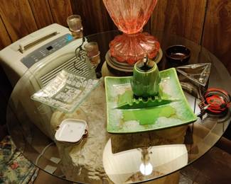 glass top table, vintage ash tray and table lighters