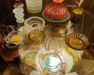 glass top table, vintage ash tray collection