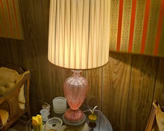  mid-century pink glass lamp, glass top side table, vintage ashtray 