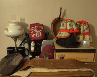 Shriners hats and donation baskets, coors can hats from the mid 1970s 