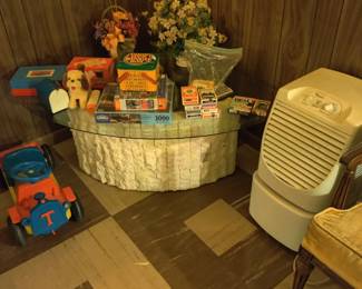 glass top corner table, vintage games, toys, playing cards