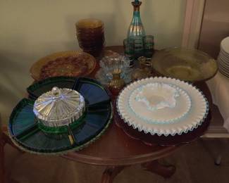 antique relish trays, Fenton blue crest plates and bowl