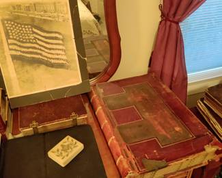 antique ledgers and freemason marble paperweight , photo from the 1880s of sailors in a human flag