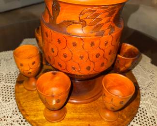 Vintage Mid Century Hand Carved 
Tray w/ Pitcher and Footed Cups