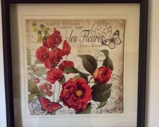 Framed Vintage French Postcard Floral Print with Butterflies 