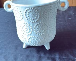 White Embossed Ceramic Planter with Ring Handles and Feet 