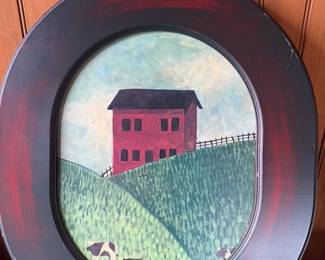 Oval Folk Art Painting of a Farm Scene