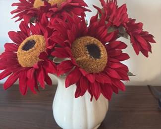 Artificial Red Sunflowers in White Pumpkin Vase 