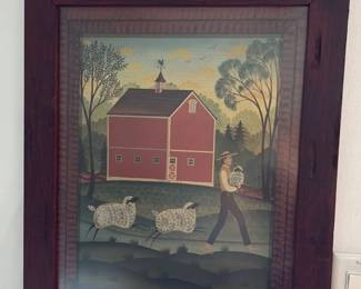 Folk Art Barn and Sheep Painting 