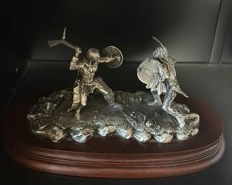 Pewter Figurine of Native Americans on Wooden Plaque 