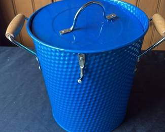 Vintage Blue Metal Ice Bucket with Wooden Handles 