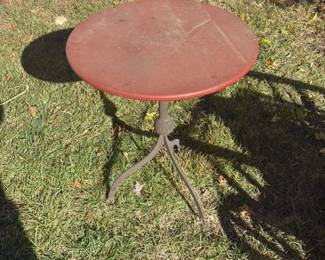 Vintage Red Metal Round Garden Table with Cast Iron Base 