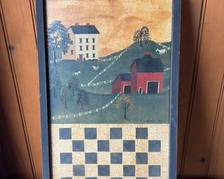 Hand painted Folk Art Farm Scene and Checkerboard Game Board 