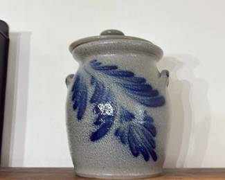 Stoneware Butter Churn Jar with Blue Floral Decoration 