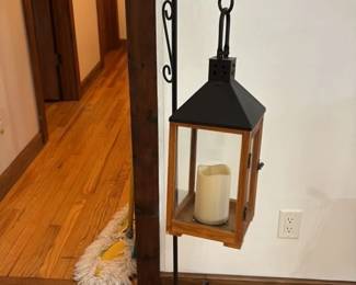 Wooden and Black Metal Lantern with Decorative Arm 