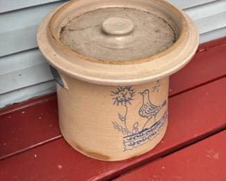 Antique Blue Decorated Stoneware Crock 