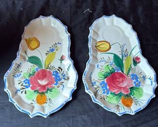 Pair of Hand-Painted Ceramic Trays with Floral Motifs 