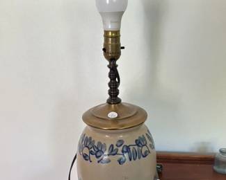 Antique Stoneware crock Lamp with Blue floral Decoration 