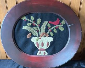 Oval Framed Wool Applique Folk Art 