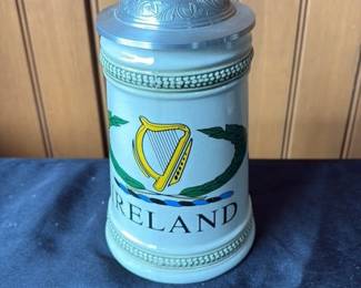 Vintage Ireland Harp Ceramic Beer Stein with Pewter Lid 