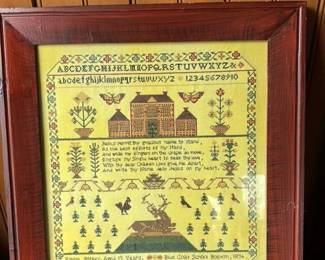 1836 Sampler by Emma Barker from Blue Coat School, Boston 