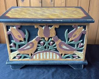 Folk Art Wooden Box with Bird and Floral Motif 