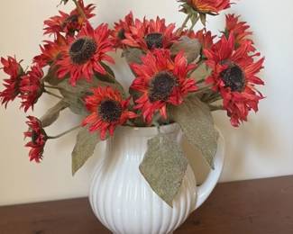 Artificial Red Sunflowers in White Pitcher Vase 