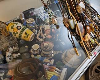 SO MUCH TO SEE!!! Men's bolo collection, mid century Christmas elves, small figurines, Italian pottery, English china. Lusterware and so much more.