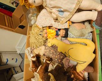 Vintage dolls, stuffed animals.