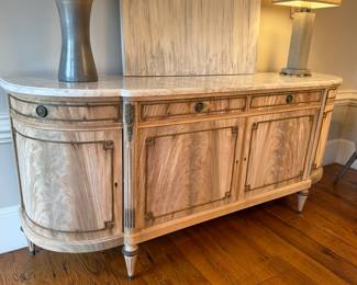 Antique Louis XVI Style Demilune Sideboard with marble top and bleached walnut finish
91.5" L x 40" H x 21.5" D