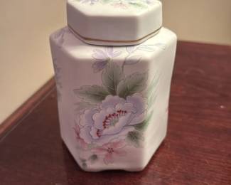 Vintage Hexagonal Ceramic Jar with Floral Design