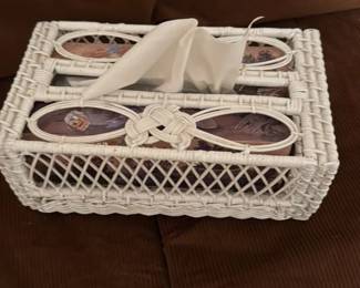 White Wicker Tissue Box Cover with Floral Inserts