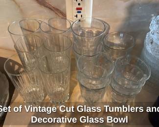 Set of Vintage Cut Glass Tumblers and Decorative Glass Bowl
